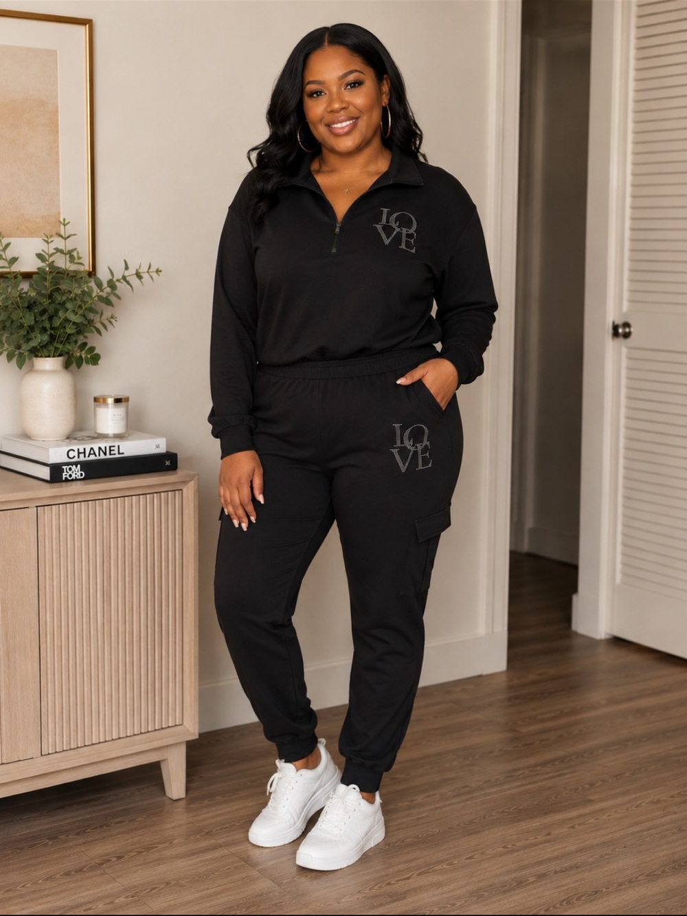 Ashley Stewart Black 'LOVE' Glitter Two-Piece jog/lounge set.